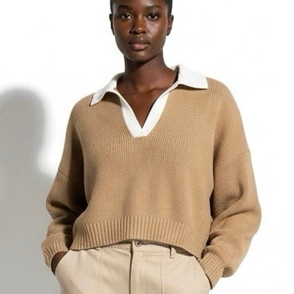 Abercrombie & Fitch Contrast Collar Polo Sweater Womens L Tan White Preppy Chic - Picture 1 of 6